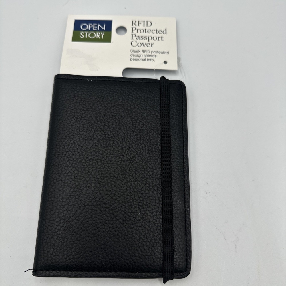 Open Story Passport Cover RFID Protection Black Faux Leather Air Travel Security